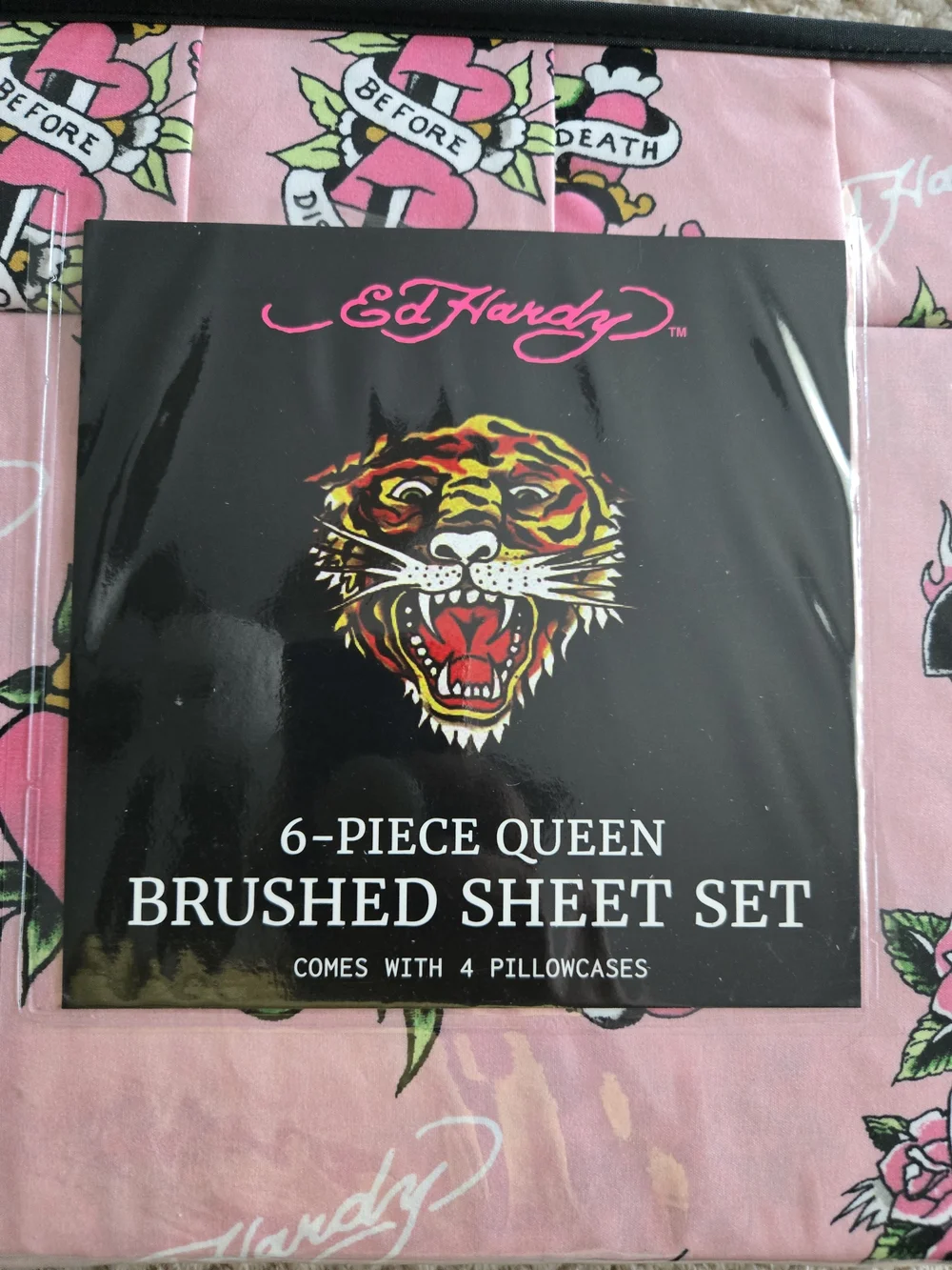 Ed Hardy Queen 6 Piece Pink Skull Rose Tattoo Sheet Set